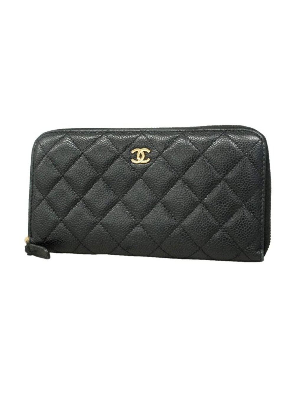 Chanel Wallet Quilted Caviar Leather Black Gold